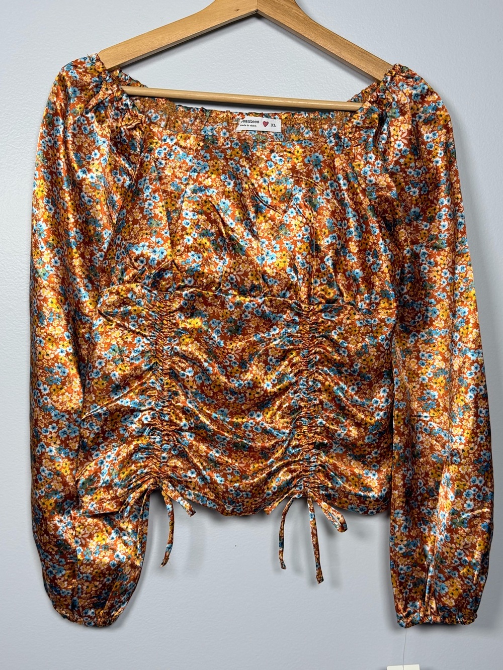 NWT Floral Satin Ruched Puff Sleeve Cottagecore Top Girls XL